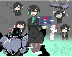 Rule 34 | 1boy, 1girl, 621 (armored core 6), allmind (armored core 6), armored core, armored core 6, bandages, black hair, chibi, commentary request, earrings, formal, highres, jewelry, karasawa (weapon), mecha, multicolored hair, personification, pie chart, pointing, robot, smug, suit, two-tone hair