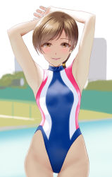 Rule 34 | 1girl, armpits, arms behind head, arms up, bare shoulders, blue one-piece swimsuit, blush, breasts, brown eyes, brown hair, closed mouth, competition swimsuit, highleg, highleg swimsuit, highres, hip focus, idolmaster, idolmaster cinderella girls, long hair, looking at viewer, medium breasts, nitta minami, one-piece swimsuit, photo-referenced, ponytail, smile, solo, striped clothes, striped one-piece swimsuit, swept bangs, swimsuit, taka (takahirokun)