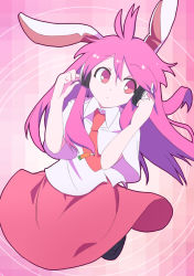 Rule 34 | 1girl, animal ears, black footwear, collared shirt, expressionless, full body, gradient background, hands on headphones, headphones, highres, legs up, long hair, looking to the side, necktie, nurupo (abooon), patterned background, pink background, pink eyes, pink hair, pink skirt, rabbit ears, red necktie, reisen udongein inaba, shirt, shoes, short sleeves, skirt, solo, thighs, tie clip, touhou, white shirt