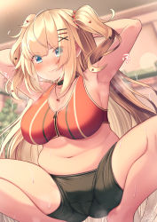 Rule 34 | 1girl, akai haato, akai haato (gothic lolita), arm behind head, armpits, arms up, bare legs, belly, black choker, black shorts, blonde hair, blue eyes, blurry, blurry background, blush, breasts, choker, closed mouth, commentary request, depth of field, exercising, eyes visible through hair, hair ornament, hairclip, heart, heart hair ornament, highres, hololive, indoors, jewelry, large breasts, long hair, looking away, magowasabi, navel, necklace, plump, red tank top, shorts, signature, solo, squatting, sweat, tank top, tomato, twintails, two side up, v-shaped eyebrows, very long hair, virtual youtuber, x hair ornament, zipper pull tab