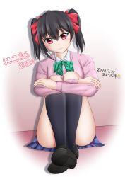 Rule 34 | 1girl, arms on own knees, artist name, artist request, bare shoulders, black footwear, black hair, black legwear, blue skirt, blush, bow, bowtie, cardigan, collared shirt, female focus, full body, green bow, green bowtie, hair bow, highres, hiyoko xiaotou, legs up, long sleeves, looking at viewer, love live!, love live! school idol project, miniskirt, otonokizaka school uniform, parted lips, pink cardigan, red bow, red eyes, school uniform, shirt, shoes, short hair, skirt, smile, solo, striped bow, striped bowtie, striped clothes, twintails, white background, yazawa nico