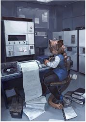 Rule 34 | 1girl, ahoge, animal ears, binder, black pantyhose, blue eyes, blue footwear, blue skirt, border, braid, bulletin board, cat ears, cat tail, chair, computer, cup, denchou, female focus, file cabinet, furry, furry female, hair ornament, hairclip, highres, holding, holding cup, looking at viewer, office lady, original, pantyhose, paper, pencil skirt, printer, single braid, sitting, skirt, solo, steam, tail, thermos, transparent border