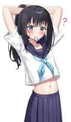 Rule 34 | 1girl, ?, absurdres, adjusting hair, arms up, black sailor collar, black skirt, blue neckerchief, commentary request, hair tie in mouth, highres, light blush, long hair, looking at viewer, midriff, mouth hold, navel, neckerchief, nedia (nedia region), original, pleated skirt, sailor collar, school uniform, serafuku, shirt, short sleeves, simple background, skirt, solo, tying hair, white background, white shirt