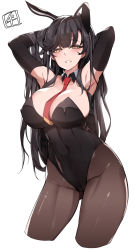 Rule 34 | 1girl, absurdres, animal ears, armpits, arms behind head, arms up, atago (azur lane), azur lane, between breasts, black hair, black leotard, black pantyhose, blush, breasts, brown eyes, chickenvomit, covered erect nipples, covered navel, detached collar, fake animal ears, half-closed eyes, highres, large breasts, leotard, long hair, looking at viewer, mole, mole under eye, necktie, necktie between breasts, pantyhose, parted lips, playboy bunny, rabbit ears, rabbit girl, rabbit tail, red necktie, sidelocks, simple background, smile, solo, tail, very long hair, white background