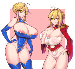 Rule 34 | :q, absurdres, ahoge, areola slip, artoria pendragon (fate), artoria pendragon (lancer) (fate), bare shoulders, blonde hair, blue gloves, blue thighhighs, blush, braid, braided bun, breasts, cameltoe, cleavage, cleft of venus, covered erect nipples, covered navel, elbow gloves, epaulettes, fate/extra, fate/grand order, fate (series), funaya (a2brasd), gloves, green eyes, hair bun, hair ornament, hand on own hip, heattech leotard, highres, large breasts, leotard, looking at viewer, nero claudius (fate), nero claudius (fate) (all), nero claudius (fate/extra), nipple slip, nipples, puffy sleeves, see-through, thighhighs, tongue, tongue out, turtleneck