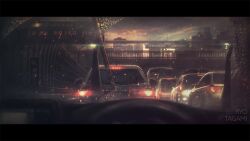 Rule 34 | artist name, blurry, car, city, cloud, commentary request, depth of field, letterboxed, motor vehicle, original, pov, rain, road sign, sign, tanaka ryosuke, translation request, wipers