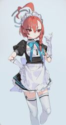 Rule 34 | 1girl, absurdres, ahoge, apron, black dress, blue archive, braid, closed mouth, controlline3, cropped legs, dress, feet out of frame, frilled apron, frills, gloves, gradient background, hair between eyes, halo, highres, huge ahoge, maid, maid apron, maid headdress, mole, mole under eye, neru (blue archive), puffy short sleeves, puffy sleeves, red eyes, red hair, short hair, short sleeves, single braid, solo, thighhighs, white apron, white gloves, white thighhighs