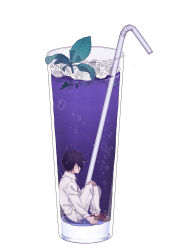 Rule 34 | 1boy, absurdres, black hair, brown footwear, bubble, collared shirt, drink, facing away, from side, hand on own knee, highres, knees up, leaf, long sleeves, pants, ray (yakusoku no neverland), rlotte, shirt, shoes, short hair, sitting, solo, white pants, white shirt, wide shot, yakusoku no neverland