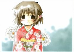 Rule 34 | 00s, 1girl, aoki ume, blush, flower, hidamari sketch, highres, japanese clothes, kimono, official art, smile, solo, yuno (hidamari sketch)