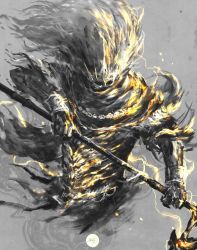 Rule 34 | 1boy, armor, commentary, dark souls (series), dark souls iii, english commentary, grey background, highres, holding, holding polearm, holding weapon, nameless king, polearm, shimhaq, simple background, solo, weapon