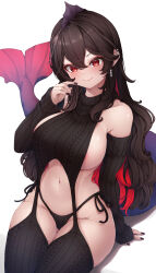 Rule 34 | 1girl, absurdres, aged up, akami chiyo, alternate costume, amai direct, areola slip, arm at side, arm up, bare shoulders, black hair, black nails, black sleeves, black sweater, black thighhighs, blush, breasts, closed mouth, cowboy shot, detached sleeves, dot nose, ear piercing, eyebrows, eyelashes, female focus, fingernails, fins, fish girl, fish tail, garter straps, hand on own face, head tilt, highres, large breasts, looking at viewer, mature female, meme attire, multicolored hair, nail polish, naughty face, navel, nipple slip, nipples, panties, piercing, red eyes, red hair, shironagase, sideless outfit, simple background, sitting, smile, solo, sweater, tail, thick thighs, thighhighs, thighs, turtleneck, turtleneck sweater, two-tone hair, underwear, virgin destroyer sweater, virtual youtuber, wavy hair, white background, wide hips