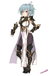 Rule 34 | 1girl, armor, blue hair, blush, boots, breasts, closed mouth, dress, elf, covered erect nipples, full body, hand on own hip, highres, kuro chairo no neko, medium breasts, original, paw print, pointy ears, ponytail, red eyes, sideboob, simple background, smile, solo, standing, thighhighs, twitter username, underboob, white background