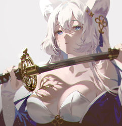 Rule 34 | 1girl, animal ear fluff, animal ears, bare shoulders, blue eyes, breasts, character request, chromatic aberration, cleavage, collarbone, copyright request, dress, expressionless, eyebrows hidden by hair, fajyobore, grey background, hair intakes, hair ornament, hands up, holding, holding sword, holding weapon, katana, long hair, looking at viewer, medium breasts, nose, off shoulder, parted lips, scabbard, sheath, simple background, solo, sword, unsheathing, upper body, weapon, white dress, white hair, wolf ears
