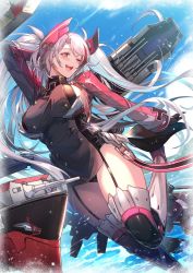 Rule 34 | 1girl, antenna hair, armpit cutout, azur lane, black gloves, black panties, black thighhighs, blush, boots, breasts, buttons, cannon, clothing cutout, commentary, cross, double-breasted, garter straps, gloves, hair between eyes, highres, iron cross, kakage, large breasts, long hair, long sleeves, looking to the side, machinery, multicolored clothes, multicolored gloves, multicolored hair, ocean, on water, one eye closed, open mouth, panties, pantyshot, prinz eugen (azur lane), red gloves, rudder footwear, side cutout, sideboob, silver hair, sky, smile, solo, streaked hair, swept bangs, thigh boots, thighhighs, thighs, turret, two side up, underwear, very long hair