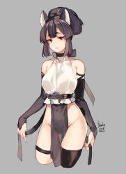 Rule 34 | 1girl, animal ears, artist name, bare shoulders, black gloves, black hair, black thighhighs, blunt bangs, blunt ends, breasts, bridal gauntlets, chinese commentary, choker, collarbone, commentary request, crop top, cropped legs, dated, elbow gloves, expressionless, gloves, grey background, hair up, half-closed eyes, leg strap, looking at viewer, medium breasts, mesme, no panties, original, pelvic curtain, red eyes, short eyebrows, simple background, single thighhigh, solo, thick eyebrows, thigh strap, thighhighs
