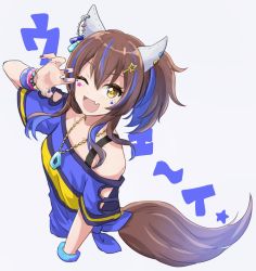Rule 34 | 1girl, animal ears, arm up, bead bracelet, beads, blue nails, blue shirt, bracelet, breasts, brown hair, claw pose, clothing cutout, cropped torso, daitaku helios (umamusume), fang, grey background, highres, horse ears, horse girl, horse tail, jewelry, long hair, looking at viewer, multicolored hair, nail polish, necklace, off-shoulder shirt, off shoulder, one eye closed, open mouth, sangria (sangria69), shirt, short sleeves, side ponytail, simple background, skin fang, small breasts, solo, tail, tied shirt, two-tone hair, umamusume, upper body, yellow eyes