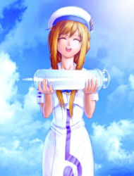 Rule 34 | 00s, 1girl, ^ ^, alicia florence, aria (manga), blonde hair, blouse, braid, capelet, closed eyes, cloud, clyster syringe, cowboy shot, day, facing viewer, hat, large syringe, long hair, outdoors, oversized object, s zenith lee, shirt, sky, smile, solo, standing, syringe, uniform, white shirt, you gonna get raped