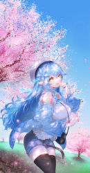 Rule 34 | 1girl, absurdres, adapted costume, ahoge, alternate costume, bag, belt, beret, black thighhighs, blouse, blue hair, blue jacket, blue shorts, blue sky, blush, breasts, brown belt, casual, cherry blossoms, collared shirt, commentary, corset, cowboy shot, crossed bangs, dappled sunlight, day, denim, denim shorts, eshineko, flower, frilled shirt, frills, grass, hair between eyes, hair flower, hair ornament, half updo, hand in own hair, handbag, hat, heart, heart ahoge, highres, hololive, huge filesize, jacket, large breasts, light blue hair, long hair, looking at viewer, multicolored hair, off shoulder, open clothes, open jacket, open mouth, outdoors, petals, pointy ears, shirt, short shorts, shorts, sky, sleeveless, sleeveless shirt, smile, solo, spring (season), streaked hair, sunlight, thighhighs, thighs, tree, two-tone hair, underbust, virtual youtuber, white hat, white shirt, wind, wing collar, wristband, yellow eyes, yukihana lamy, zettai ryouiki