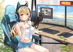 Rule 34 | 1girl, :d, ahoge, aqua eyes, black choker, blonde hair, breasts, chair, choker, collarbone, commentary request, commission, computer, crop top, denim, denim shorts, desk, fingernails, gaming chair, headphones, highres, indoors, koji (kojikojimdw), long hair, medium breasts, microphone, midriff, monitor, mouse (computer), mousepad (object), multiple monitors, nail polish, navel, open mouth, orange nails, original, pixiv commission, plant, potted plant, recursion, shirt, short shorts, shorts, signature, sitting, sleeveless, sleeveless shirt, smile, swivel chair