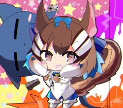 Rule 34 | 1girl, animal costume, animal ear fluff, animal ears, bow, bowtie, brown eyes, brown hair, chipmunk costume, chipmunk ears, chipmunk girl, chipmunk tail, extra ears, gloves, hamingway777, highres, kemono friends, kemono friends v project, kneehighs, microphone, multicolored hair, open mouth, ribbon, scarf, shirt, short hair, shorts, siberian chipmunk (kemono friends), socks, tail, vest, virtual youtuber, white hair
