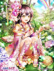 Rule 34 | 1girl, anklet, blush, bracelet, feet, flower, hair flower, hair ornament, high heels, hydrangea, japanese clothes, jewelry, kimono, long hair, nature, necklace, ozon, purple hair, rain, sandals, sitting, smile, snail, solo, sparkle, toes, yellow eyes