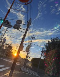 Rule 34 | absurdres, banishment, blue sky, bush, cloud, cloudy sky, commentary request, crosswalk, dutch angle, highres, lens flare, no humans, original, power lines, road, road sign, scenery, shadow, sign, signature, sky, street, sunset, traffic light, tree, utility pole