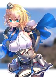 Rule 34 | 1girl, black gloves, blonde hair, blouse, blue eyes, blue necktie, braid, breasts, capelet, colorado (kancolle), elbow gloves, garrison cap, gloves, grey hat, hat, highres, kantai collection, large breasts, looking at viewer, necktie, o-sirius, shirt, short hair, skirt, sleeveless, sleeveless shirt, smile, solo, white shirt