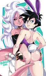 Rule 34 | 2girls, android 21, artist name, ass, ass grab, black hair, black sclera, blue eyes, blush, rabbit tail, colored sclera, colored skin, curly hair, dated, detached collar, dragon ball, dragon ball fighterz, dragonball z, from behind, grin, looking at viewer, looking back, majin android 21, messy hair, multiple girls, pink skin, playboy bunny, pointy ears, radlionheart, red eyes, smile, sweat, tail, videl, white hair, wrist cuffs, yuri