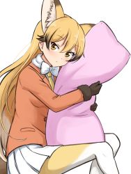 Rule 34 | 1girl, absurdres, animal ear fluff, animal ears, black gloves, black hair, blonde hair, body pillow, bow, bowtie, expressionless, extra ears, ezo red fox (kemono friends), fox ears, fox girl, fur-trimmed sleeves, fur trim, gloves, gradient hair, hair between eyes, highres, jacket, kemono friends, long hair, long sleeves, looking at viewer, multicolored clothes, multicolored hair, multicolored legwear, necktie, hugging object, orange jacket, pantyhose, pillow, pillow hug, pleated skirt, shiraha maru, simple background, skirt, solo, tail, very long hair, white background, white bow, white neckwear, white pantyhose, white skirt, yellow eyes, yellow neckwear, yellow pantyhose