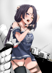 Rule 34 | 1girl, :o, asymmetrical legwear, azur lane, bare shoulders, black gloves, black hair, black panties, blue eyes, cannon, cassin (azur lane), collarbone, commentary request, cowboy shot, dog tags, english text, fingerless gloves, forehead, gloves, heterochromia, highres, long hair, looking at viewer, low ponytail, mole, mole under eye, no pants, omizu chihiro, open mouth, panties, pantyshot, rigging, shirt, short sleeves, single thighhigh, skindentation, solo, standing, t-shirt, tearing up, teeth, thigh strap, thighhighs, tongue, torpedo tubes, underwear, uneven legwear, yawning, yellow eyes