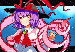 Rule 34 | 1girl, bad id, bad twitter id, black hat, blue background, bow, capelet, closed mouth, collared shirt, drill, frills, hat, hat bow, long sleeves, looking at viewer, nagae iku, pink capelet, purple hair, qqqrinkappp, red bow, red eyes, shirt, short hair, smile, solo, touhou, traditional media, upper body, white shirt