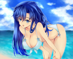 Rule 34 | 1girl, bad id, bad pixiv id, beach, bent over, bikini, blue bikini, blue eyes, blue hair, breasts, cleavage, cloud, covered erect nipples, day, female focus, halterneck, hands on own knees, hanging breasts, huge breasts, idolmaster, idolmaster (classic), kisaragi chihaya, large breasts, long hair, looking at viewer, matching hair/eyes, modern afro, ocean, aged up, open mouth, outdoors, side-tie bikini bottom, sky, smile, solo, swimsuit