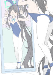 Rule 34 | 1girl, ^ ^, absurdly long hair, absurdres, alternate costume, alternate hairstyle, animal ears, aqua halo, arched back, aris (blue archive), armpits, ass, back, backless leotard, bare shoulders, black hair, blue archive, blue bow, blue bowtie, blue footwear, blue hairband, blue leotard, blush, bow, bowtie, breasts, cleavage, closed eyes, commentary, covered navel, detached collar, double v, english commentary, fake animal ears, fake tail, flat color, from side, full-length mirror, grin, hairband, halo, hands up, happy, high heels, high ponytail, highleg, highleg leotard, highres, indoors, kneepits, leaning forward, legs, leotard, long hair, masabodo, median furrow, mirror, pantyhose, parted bangs, playboy bunny, ponytail, rabbit ears, rabbit tail, reflection, shoes, sideboob, sidelocks, small breasts, smile, solo, standing, strapless, strapless leotard, strappy heels, swept bangs, tail, thighs, v, very long hair, white pantyhose, wrist cuffs