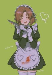 Rule 34 | 1girl, apron, black dress, blood, blood on clothes, blush, bow, brown hair, cowboy shot, dress, facing viewer, gloves, green background, hands up, heart, highres, higurashi no naku koro ni, holding, knife, long sleeves, maid, maid headdress, noriuma, ribbon, ryuuguu rena, simple background, smile, solo, thighhighs, tongue, tongue out, translation request, twitter username, waist apron, white bow, white gloves, yandere