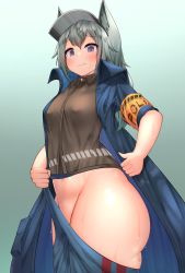 Rule 34 | 1girl, @ @, animal ears, aqua background, arknights, armband, blouse, blue coat, blush, brown shirt, coat, commentary, cowboy shot, deaver, gradient background, grani (arknights), grey eyes, grey hair, grey shirt, groin, highres, hip vent, horse girl, long hair, looking at viewer, no panties, open clothes, open coat, shirt, short sleeves, solo, standing, thick thighs, thighs