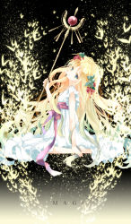 Rule 34 | 1girl, blonde hair, blue eyes, copyright name, dress, from side, hair ornament, holding, konataeru, long hair, looking at viewer, magi the labyrinth of magic, scheherazade (magi), sitting, solo, staff, very long hair, white dress