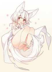 Rule 34 | 1girl, animal ear fluff, animal ears, bad id, bad pixiv id, bare legs, barefoot, beige background, blush, closed mouth, dress, feet, fox ears, fox girl, fox tail, full body, gradient background, hair between eyes, hands up, looking at viewer, original, red eyes, sleeveless, sleeveless dress, smile, soles, solo, tail, toenails, toes, tsuka, white background, white dress, white hair, wrist cuffs