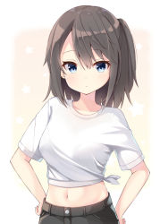 Rule 34 | 1girl, black pants, blue eyes, blush, breasts, brown hair, closed mouth, collarbone, commentary request, hair between eyes, hands on own hips, long hair, looking at viewer, midriff, navel, ominaeshi (takenoko), one side up, original, pants, shirt, small breasts, solo, star (symbol), starry background, tied shirt, white shirt