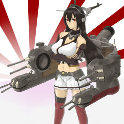 Rule 34 | 10s, 1girl, bad id, bad pixiv id, black hair, breasts, cannon, cleavage, crossed arms, elbow gloves, garter straps, gloves, halterneck, headgear, highres, kantai collection, large breasts, long hair, mecha musume, miniskirt, nagato (kancolle), red eyes, red thighhighs, san (sinji-koro), skirt, solo, thighhighs