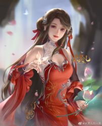 Rule 34 | 1girl, artist request, blurry, blurry background, brown hair, bug, butterfly, china dress, chinese clothes, cleavage cutout, closed mouth, clothing cutout, detached sleeves, dress, earrings, facial mark, falling petals, flower, forehead mark, glowing butterfly, highres, holding, holding flower, huo linger (wanmei shijie), insect, jewelry, long hair, petals, red dress, rock, second-party source, solo, upper body, wanmei shijie, water