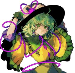 1girl black_hat frilled_sleeves frills green_eyes green_hair hat komeiji_koishi looking_at_viewer shirt simple_background smile solo third_eye touhou upper_body white_background wide_sleeves xian_qishui yellow_shirt