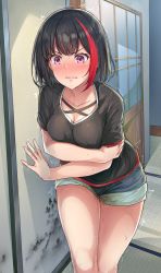 Rule 34 | 1girl, bang dream!, black hair, black shirt, blush, breasts, check commentary, cleavage, clenched teeth, commentary request, have to pee, highres, indoors, medium breasts, mitake ran, multicolored hair, pee, peeing, peeing self, purple eyes, shirt, short hair, short sleeves, shorts, sliding doors, solo, streaked hair, suisen toire (moko924), sweat, t-shirt, tatami, tearing up, teeth, thighs, trembling, two-tone hair