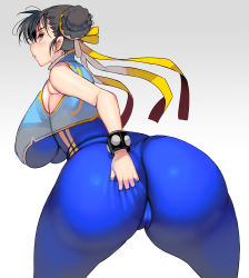 Rule 34 | 1girl, absurdres, ass, ass grab, bare shoulders, blush, bodysuit, breasts, brown eyes, brown hair, cameltoe, capcom, chun-li, cleft of venus, deep skin, double bun, from behind, hair bun, hair ribbon, highres, huge ass, huge breasts, kono, kouno (masao), leaning, leaning forward, looking at viewer, looking back, ribbon, shiny clothes, shiny skin, short hair, sideboob, skin tight, solo, street fighter, street fighter zero (series), thick thighs, thighs, wide hips