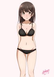 Rule 34 | 1girl, bare arms, bare shoulders, black bra, black panties, bow, bow bra, bow panties, bra, breasts, brown background, brown eyes, brown hair, cleavage, collarbone, commentary request, dated, feet out of frame, female focus, groin, hige wo soru. soshite joshikousei wo hirou., long hair, looking at viewer, medium breasts, navel, ogiwara sayu, open mouth, panties, revision, sakayaya, signature, simple background, solo, standing, underwear, underwear only