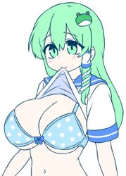 1girl alternate_costume blue_bow blue_bra blue_sailor_collar blush bow bow_bra bra breasts closed_mouth clothes_in_mouth clothes_lift frog_hair_ornament green_eyes green_hair hair_between_eyes hair_ornament hair_tubes ketsumaimo kochiya_sanae large_breasts long_hair looking_at_viewer mouth_hold polka_dot polka_dot_bra sailor_collar shirt shirt_in_mouth shirt_lift simple_background single_hair_tube single_sidelock snake_hair_ornament solo touhou underwear upper_body white_background white_shirt