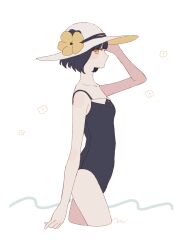 Rule 34 | 1girl, black hair, blush stickers, breasts, cropped legs, flower, from side, hand up, hat, hat flower, highres, maco22, one-piece swimsuit, original, profile, short hair, small breasts, solo, sun hat, swimsuit, yellow eyes