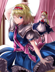 Rule 34 | 1girl, ;/, alice margatroid, apron, arm at side, arm behind head, black footwear, black pantyhose, blonde hair, blue dress, blue eyes, breasts, capelet, cowboy shot, curtains, day, dress, floating, frilled skirt, frills, hairband, highres, indoors, lolita hairband, long hair, looking at viewer, mahoro (minase mahoro), medium breasts, necktie, one eye closed, pantyhose, petticoat, pink curtains, puffy short sleeves, puffy sleeves, purple necktie, sash, shanghai doll, short hair, short sleeves, skirt, solo, thick eyebrows, touhou, waist apron, white capelet, white pantyhose, window