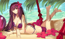 Rule 34 | 1girl, anklet, barefoot, bikini, breasts, cleavage, fate/grand order, fate (series), flower, gae bolg (fate), hair flower, hair ornament, huge breasts, jewelry, kauto, long hair, looking at viewer, lying, on stomach, palm tree, polearm, purple hair, red eyes, scathach (fate), scathach (fate), scathach (swimsuit assassin) (fate), shore, solo, spear, swimsuit, tree, weapon