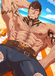 Rule 34 | 1boy, abs, antonio (gyee), arm behind head, arm tattoo, armpit hair, armpits, bara, belt, blue eyes, brown hair, bulge, carpet, chest hair, chest tattoo, cloud, cloudy sky, crestren, denim, ear piercing, earrings, gyee, hairy, highres, jeans, jewelry, large pectorals, leather, leather belt, looking at viewer, lying, male focus, manly, mature male, muscular, muscular male, nipples, ocean, on back, outdoors, pants, pectorals, piercing, sand, short hair, sky, smirk, solo, spiked hair, tattoo, teeth, thick arms, thick thighs, thighs, torn clothes, water