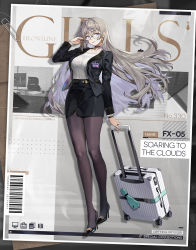 Rule 34 | 1girl, artist request, bespectacled, black choker, black footwear, black jacket, black pantyhose, black skirt, blue eyes, briefcase, character name, choker, collarbone, commentary, copyright name, earrings, english commentary, formal, full body, fx-05 (girls&#039; frontline), fx-05 (soaring to the clouds) (girls&#039; frontline), girls&#039; frontline, glasses, grey hair, high heels, highres, id card, jacket, jewelry, lapels, long hair, long sleeves, looking at viewer, notched lapels, office lady, official alternate costume, official art, open clothes, open jacket, pantyhose, patent heels, pencil skirt, promotional art, rectangular eyewear, semi-rimless eyewear, shoes, skirt, skirt suit, solo, stiletto heels, suit, under-rim eyewear